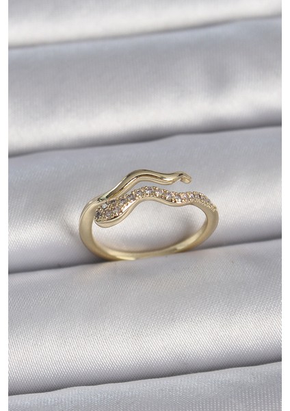 Pirinç Gold Renk Zirkon Taşlı Yılan Ayarlanabilir Model Kadın Yüzük - TJ-BYK3368