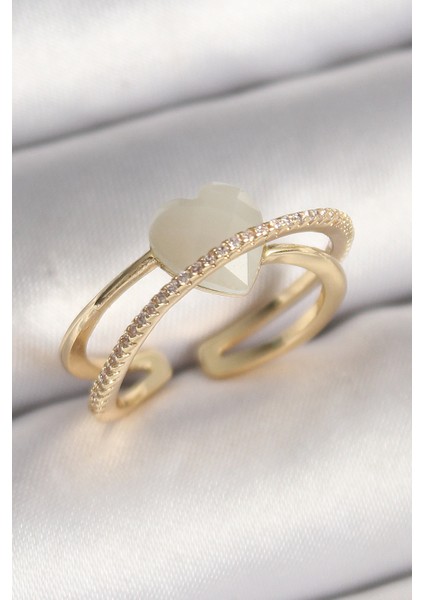 Pirinç Gold Renk Beyaz Kristal Kalp Model Zirkon Taş Detay Kadın Yüzük - TJ-BYK3644