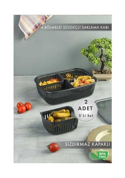 2 Adet 4 Bölmeli Süzgeçli Sızdırmaz Saklama Kabı- Zeytinlik Turşuluk Organizer 3,2 Litre