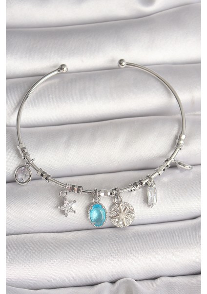 Pirinç Gümüş Renk Sallantı Pusula Figür Kalp Detay Charm Kadın Bileklik - TJ-BB6902