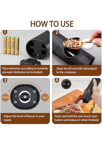 Elektrikli Tuz ve Karabiber Öğütücü, LED Işıklı Elektrikli Karabiber Değirmeni, Tek Elle Çalıştırma, Ayarlanabilir Öğütme Kalınlığı, Pil Dahil Değildir (Siyah) fiyatları