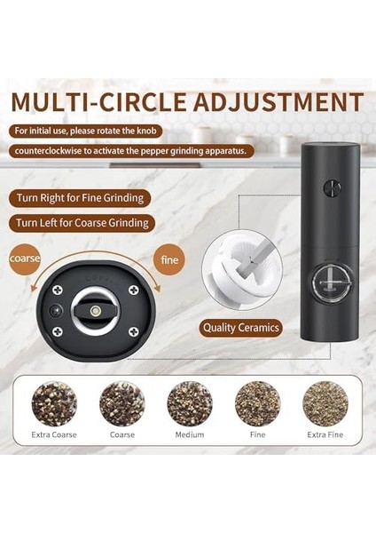 Elektrikli Tuz ve Karabiber Öğütücü, LED Işıklı Elektrikli Karabiber Değirmeni, Tek Elle Çalıştırma, Ayarlanabilir Öğütme Kalınlığı, Pil Dahil Değildir (Siyah) modelleri
