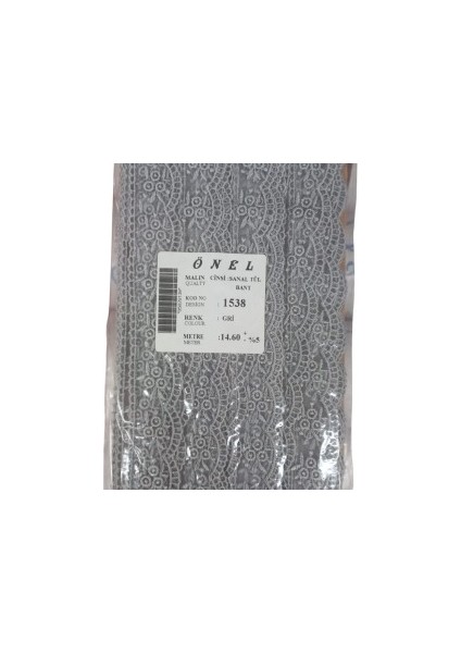 Dantel Polyester Sanal Tül Bant Gri 14,60 Metre En 3 cm ON-1538-G