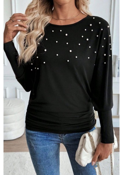 Bisiklet Yaka Incili Viskon Bluz - Siyah