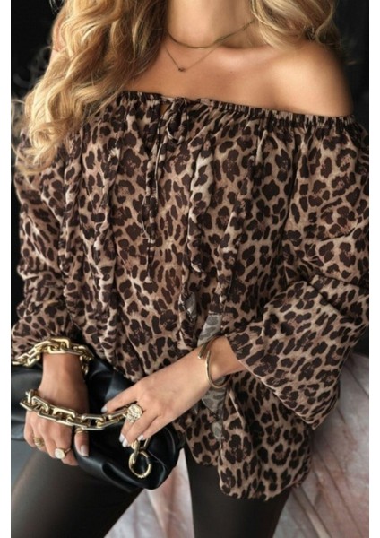 Madonna Yaka Leopar Desenli Şifon Bluz - Leopar fiyatları