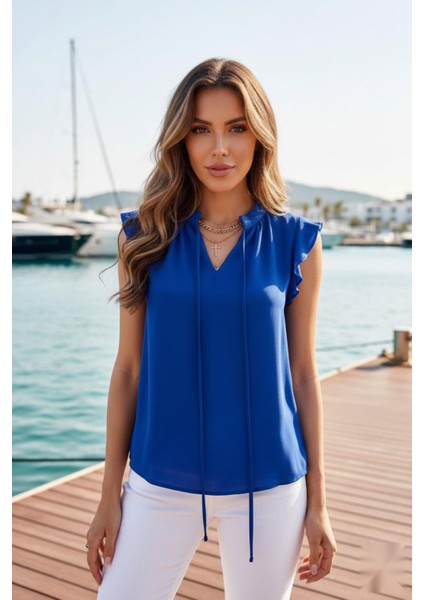 Omuz Detaylı Yakası Bağcıklı Bluz Saks modelleri