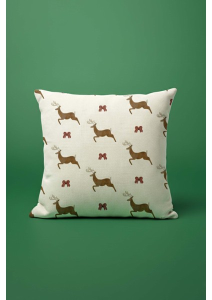 Yılbaşı Geyik Desenli Keten Kırlent Kılıfı 45X45 cm – Krem & Kahve