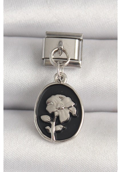 316L Çelik Gümüş Renk Gümüş Çiçek Işlemeli Siyah Portre Model Nomination Charm - TJ-BC1210
