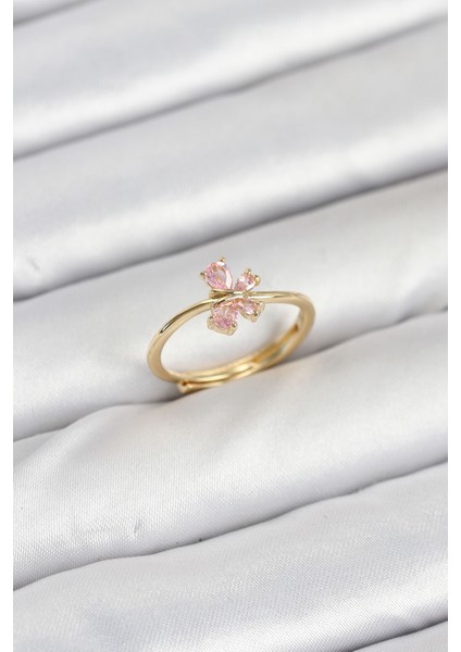 Pirinç Gold Renk Pembe Kelebek Kadın Yüzük - TJ-BYK3870