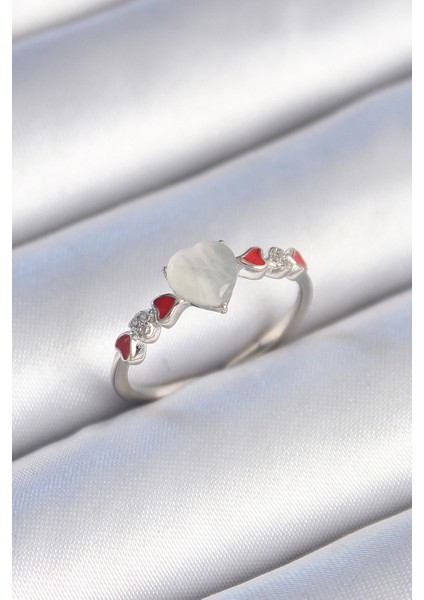 Pirinç Gümüş Renk Beyaz Mineli Kalp Model Zirkon Taş Detaylı Kadın Yüzük - TJ-BYK3459