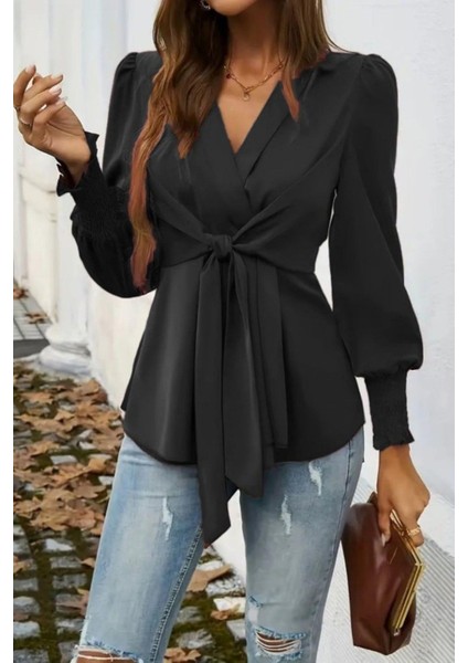 Kruvaze Yaka Bağlama Detaylı Ithal Krep Bluz - Siyah