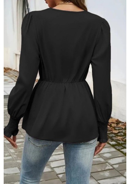 Kruvaze Yaka Bağlama Detaylı Ithal Krep Bluz - Siyah modelleri