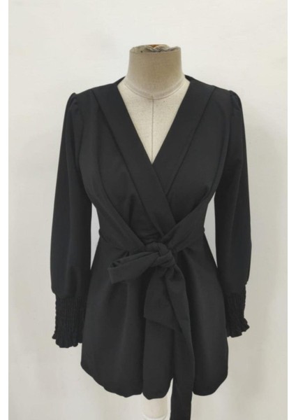 Kruvaze Yaka Bağlama Detaylı Ithal Krep Bluz - Siyah fırsatları