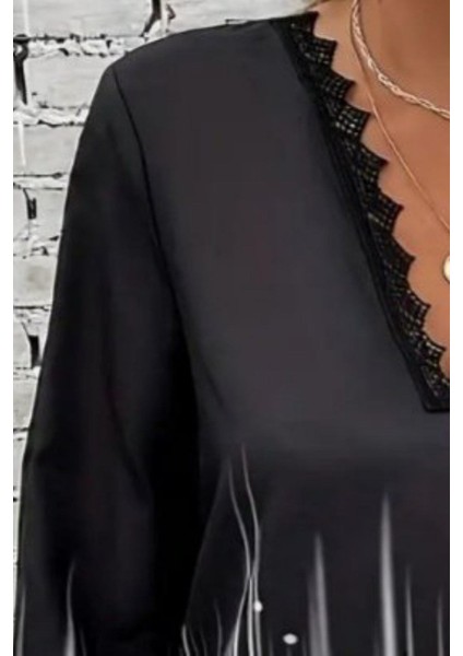 V Yaka Dantel Detaylı Desenli Modal Bluz - Siyah fiyatları