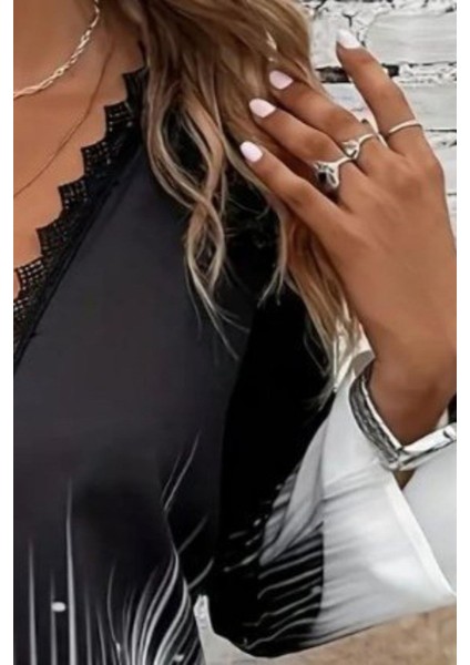 V Yaka Dantel Detaylı Desenli Modal Bluz - Siyah modelleri