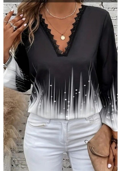 V Yaka Dantel Detaylı Desenli Modal Bluz - Siyah fırsatları