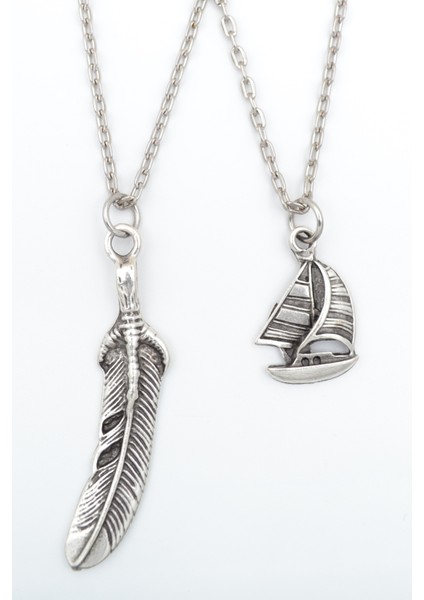2'li Yelkenli Gemi - Tüy Gümüş Kaplama Kolye Seti