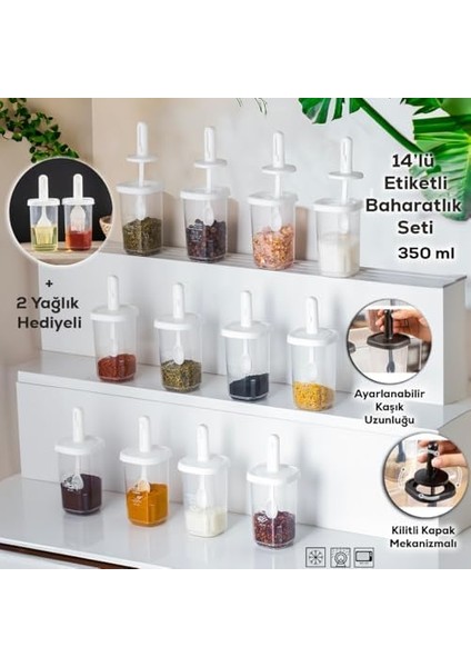 1103 14LÜ Kaydırmalı Kaşıklı Sızdırmaz Kapaklı Etiketli Yağdanlıklı Baharatlık Seti-Saklama Kabı Beyaz