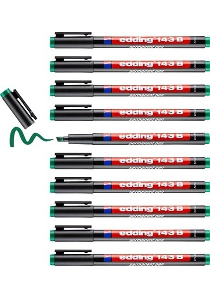 143 B Permanent Kalem - Asetat Kalemi Yeşil - 10 Kalem - Kesik Uç 1-3 mm