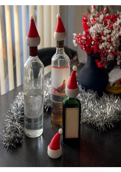 4 Adet Noel Baba Şapkalı Şişe Kapakları – Esnek Tpu 3D Baskı, Yılbaşı Sofrası Dekorasyonu, Parti ve Ev Aksesuarı, Hediyelik Yeni Yıl Süsü - Kırmızı,beyaz