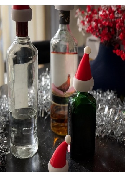 4 Adet Noel Baba Şapkalı Şişe Kapakları – Esnek Tpu 3D Baskı, Yılbaşı Sofrası Dekorasyonu, Parti ve Ev Aksesuarı, Hediyelik Yeni Yıl Süsü - Kırmızı,beyaz