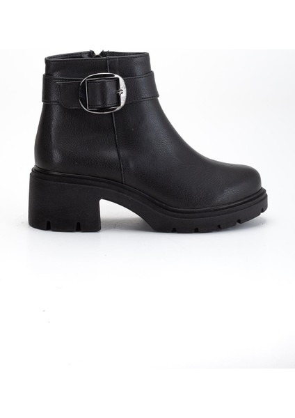 Kadın Topuklu Bot Siyah Suni Deri Yan Tokalı Kalın Taban modelleri