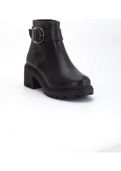 Kadın Topuklu Bot Siyah Suni Deri Yan Tokalı Kalın Taban fırsatları