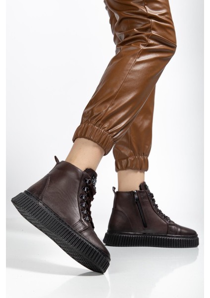 Hakiki Deri Kalın Taban Halka Bağcıklı Kahverengi Kadın Bot