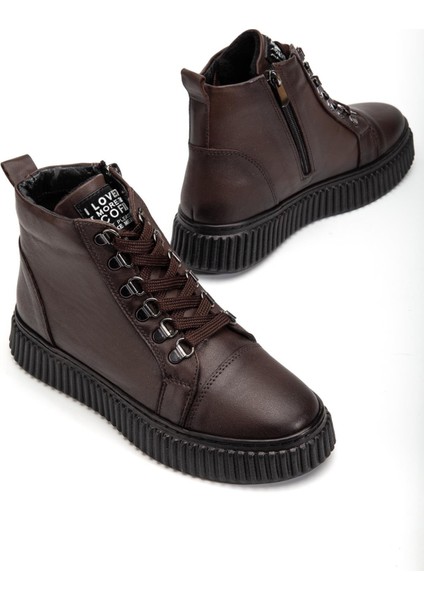 Hakiki Deri Kalın Taban Halka Bağcıklı Kahverengi Kadın Bot fiyatları