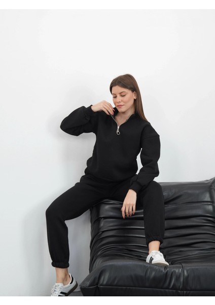 3 iplik içi Şardonlu yarım fermuarlı alt üst takım siyah fiyatları