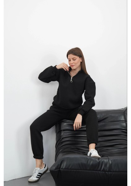 3 iplik içi Şardonlu yarım fermuarlı alt üst takım siyah modelleri