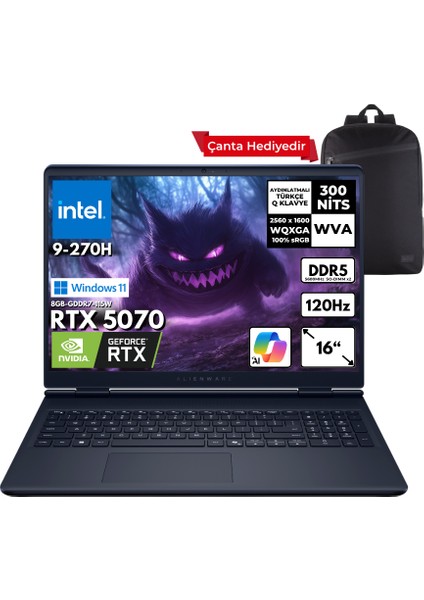 Alienware 16 Aurora Intel 9-270H 48 -Gbddr5 1 Tbssd RTX5070 (8GB-115W-GDDR7) 16" 2k Wqxga 120Hz Windows 11 Home + Zg Sırt Çantası AC16250-C932157WZG3