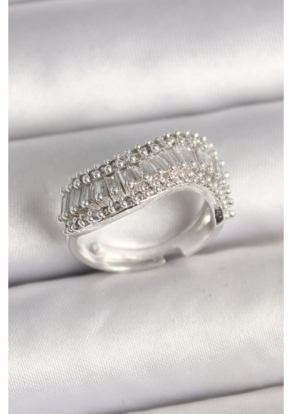 Pirinç Gümüş Renk Su Yolu Zirkon Dalga Model Ayarlanabilir Kadın Yüzük - TJ-BYK3692