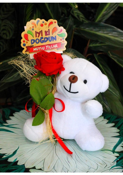 Elinde Kadife Gül & Iyi Ki Doğdun Kartı Tutan 25CM Peluş Ayı Sevdiklerinize Özel Gün Hediyesi