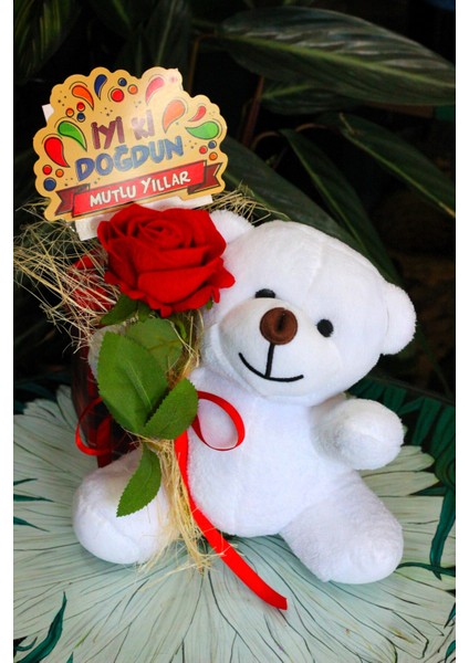 Elinde Kadife Gül & Iyi Ki Doğdun Kartı Tutan 25CM Peluş Ayı Sevdiklerinize Özel Gün Hediyesi fiyatları
