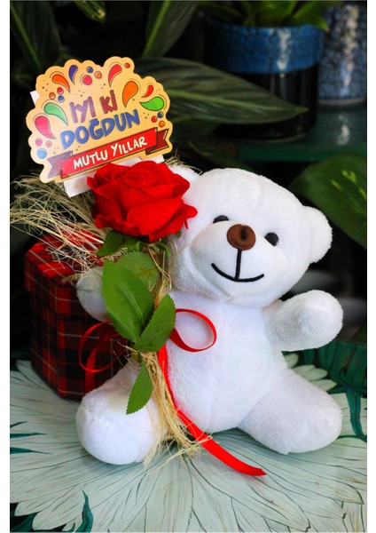 Elinde Kadife Gül & Iyi Ki Doğdun Kartı Tutan 25CM Peluş Ayı Sevdiklerinize Özel Gün Hediyesi modelleri