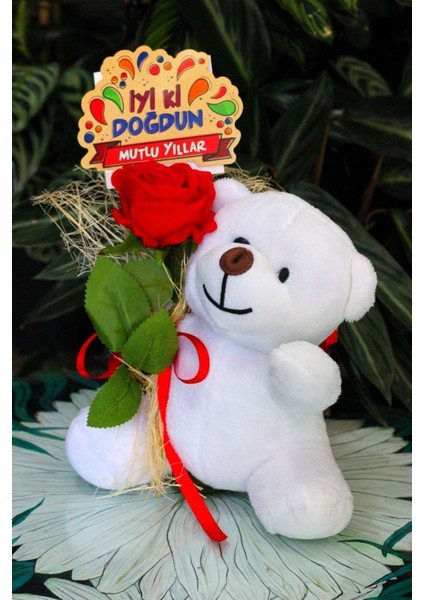 Elinde Kadife Gül & Iyi Ki Doğdun Kartı Tutan 25CM Peluş Ayı Sevdiklerinize Özel Gün Hediyesi fırsatları