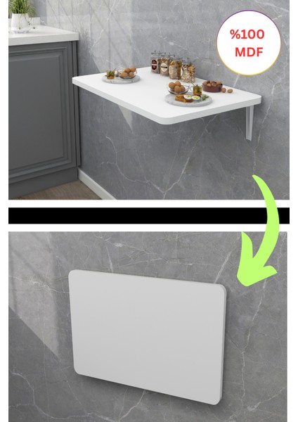 60X110 cm 4 Köşesi Oval Beyaz Duvara Monte Kırma Katlanır Mutfak Masası