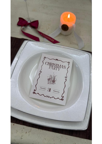 Kırmızı Yılbaşı Temalı 12 Adet Davetiye, Hediye ve Yemek Kartı Seti