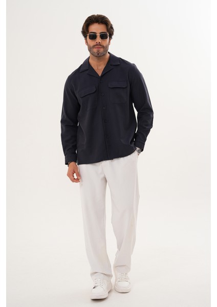 Erkek Relax Fit Uzun Kollu Pamuklu Çift Cepli Kapaklı Düz Desenli Koyu Lacivert Mevsimlik Gömlek fiyatları