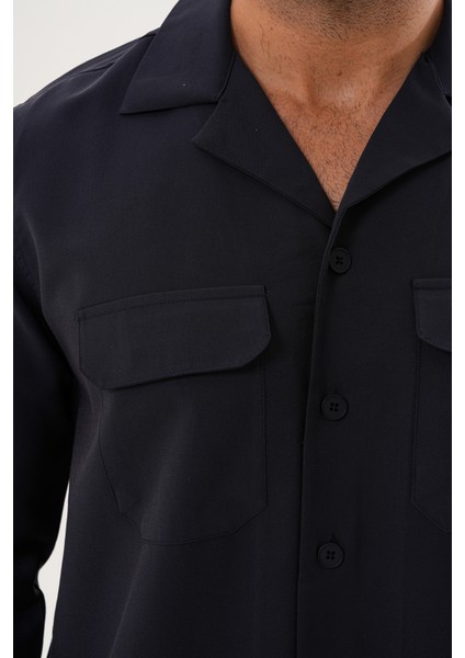 Erkek Relax Fit Uzun Kollu Pamuklu Çift Cepli Kapaklı Düz Desenli Koyu Lacivert Mevsimlik Gömlek modelleri