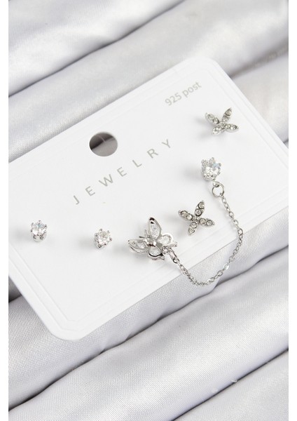 Pirinç Zirkon Taşlı Kelebek Model Gümüş Renk 925 Ayar Gümüş Çivi Kadın Küpe Set - TJ-BKP11159