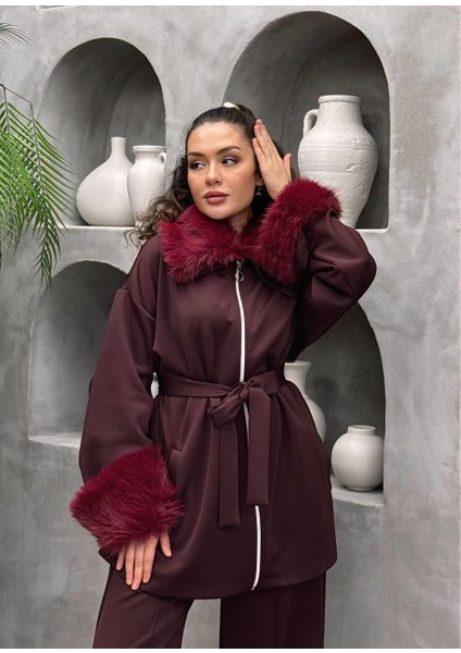 Premium Kürk Detaylı Scuba Kumaş Tesettür Ikili Takım – Pantolonlu Şık Kombin