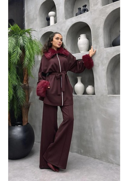 Premium Kürk Detaylı Scuba Kumaş Tesettür Ikili Takım – Pantolonlu Şık Kombin modelleri