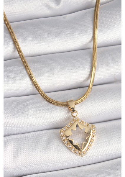316L Çelik Gold Renk Italyan Zincir Zirkon Taşlı Kutup Yıldız Işleme Kadın Kolye - TJ-BKO9536