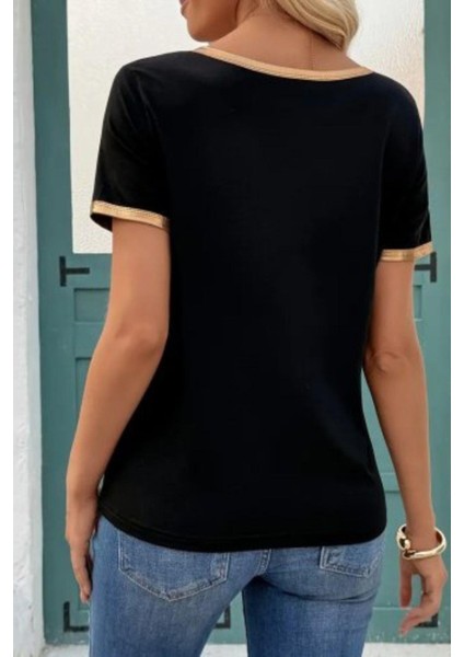 V Yaka Kısa Kollu Viskon Bluz - Siyah modelleri