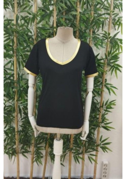 V Yaka Kısa Kollu Viskon Bluz - Siyah fırsatları