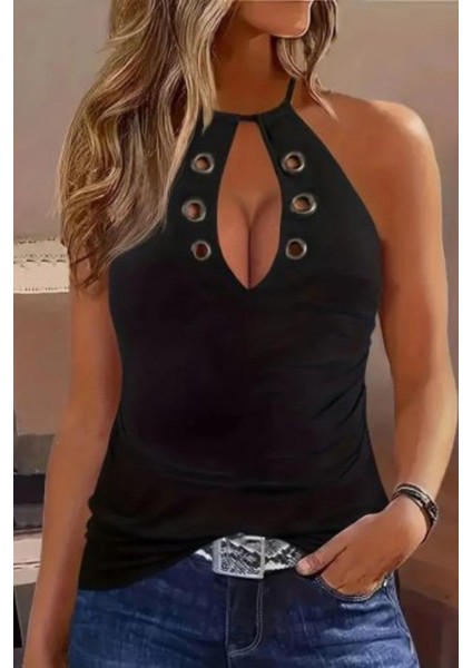 Boyundan Bağlamalı Kuş Gözü Detaylı Viskon Bluz - Siyah