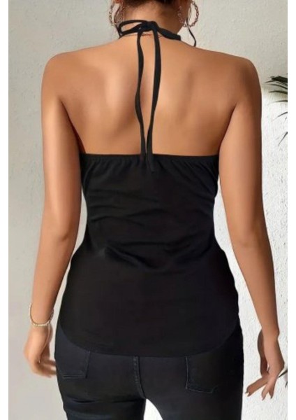 Boyundan Bağlamalı Kuş Gözü Detaylı Viskon Bluz - Siyah fiyatları