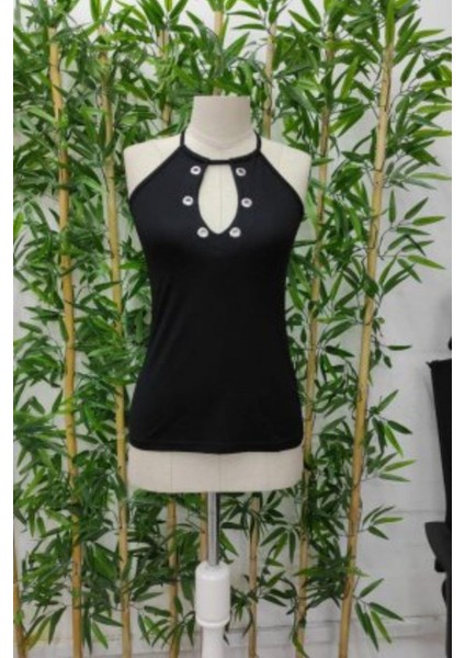 Boyundan Bağlamalı Kuş Gözü Detaylı Viskon Bluz - Siyah modelleri